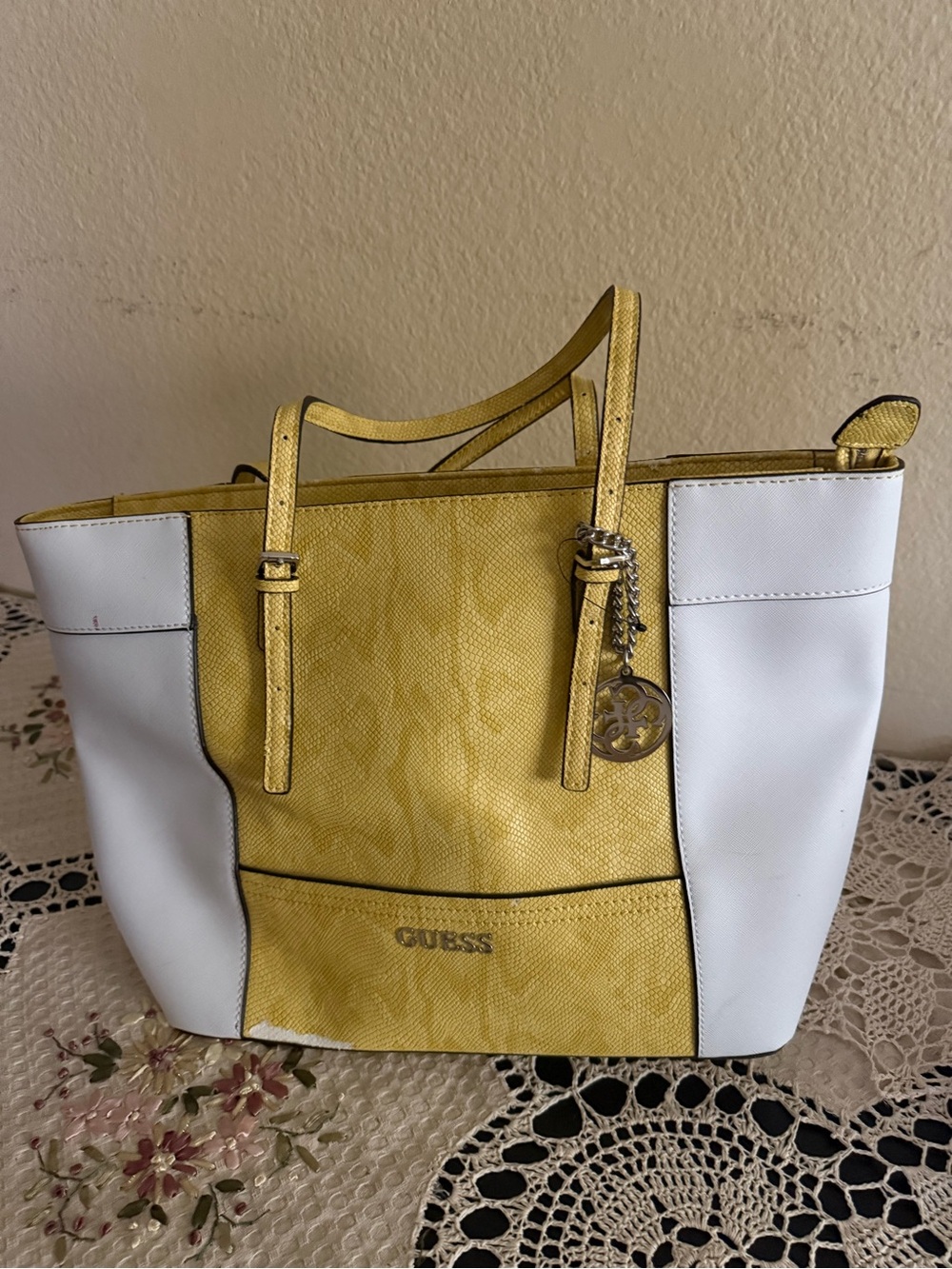 GUESS Yellow and White Colorblock Tote with Charm